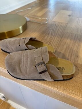 Suede Buckle Slip-On Mules in Taupe